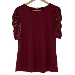 Above and Beyond Sequin Puff Short Sleeve Burgundy Silky Top Sz L